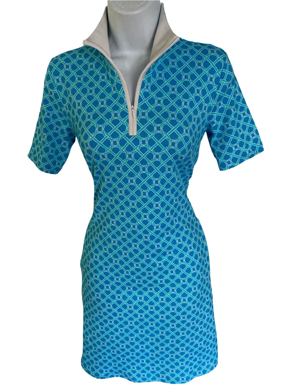 Blue Geometric Short Sleeve Dress-XS